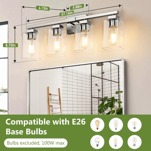 Alt view image 6 of 7 - 27 Bathroom Light Fixtures,4-Light Vanity Light Brushed Nickel Square Clear Glass & Durable Metal, Quick & Easy Installation, Standard E26 Socket, Bright Bathroom Lighting