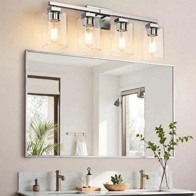 Alt view image 7 of 7 - 27 Bathroom Light Fixtures,4-Light Vanity Light Brushed Nickel Square Clear Glass & Durable Metal, Quick & Easy Installation, Standard E26 Socket, Bright Bathroom Lighting