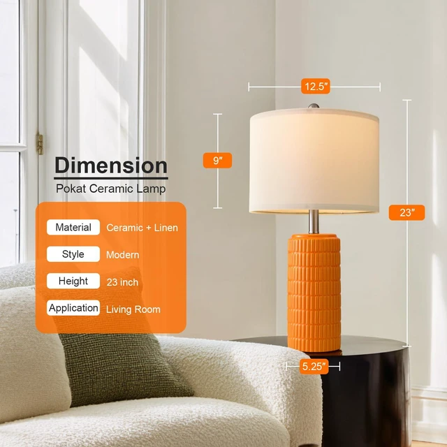 Alt view image 2 of 7 - 23" Orange Table Lamps Decor for Living Room Set of 2, Modern Living Room Lamps for End Table, Ceramic Table Lamps for Bedroom, Contemporary Nightstand Lamps for Home Bedroom Decor