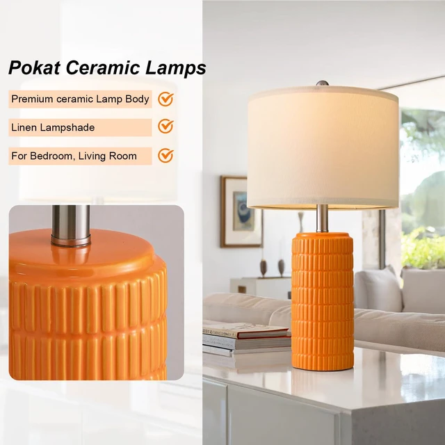 Alt view image 4 of 7 - 23" Orange Table Lamps Decor for Living Room Set of 2, Modern Living Room Lamps for End Table, Ceramic Table Lamps for Bedroom, Contemporary Nightstand Lamps for Home Bedroom Decor