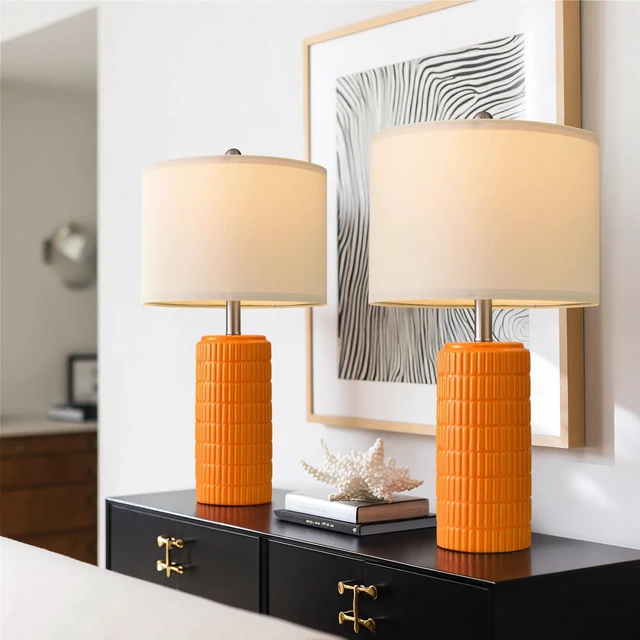 Alt view image 5 of 7 - 23" Orange Table Lamps Decor for Living Room Set of 2, Modern Living Room Lamps for End Table, Ceramic Table Lamps for Bedroom, Contemporary Nightstand Lamps for Home Bedroom Decor