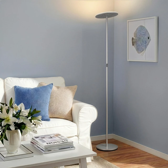 Alt view image 3 of 7 - Sky LED Floor lamp, Torchiere Super Bright Floor Lamp for Living Room Decor & Office - Dimmable, Tall Standing Torch Lamp with Warm Light for Bedroom & Reading - Platinum Silver