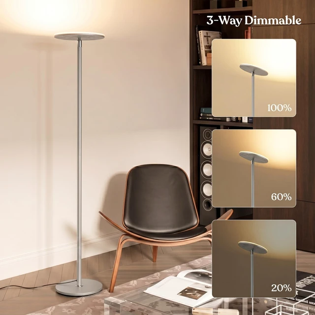 Alt view image 6 of 7 - Sky LED Floor lamp, Torchiere Super Bright Floor Lamp for Living Room Decor & Office - Dimmable, Tall Standing Torch Lamp with Warm Light for Bedroom & Reading - Platinum Silver