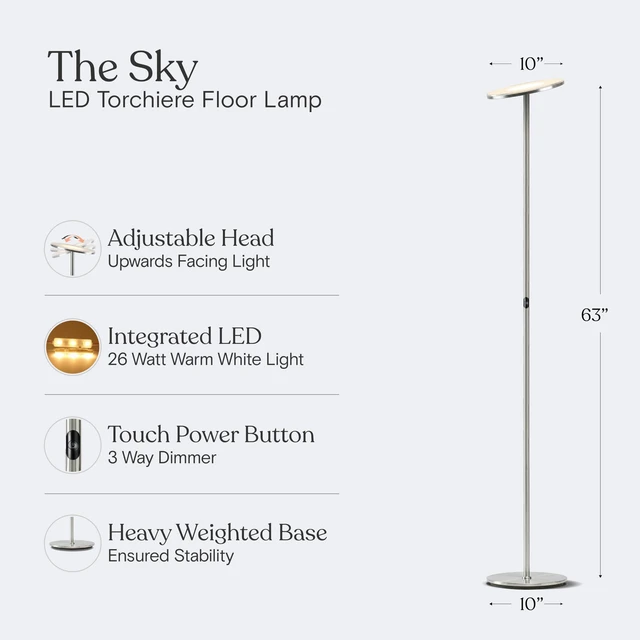 Alt view image 7 of 7 - Sky LED Floor lamp, Torchiere Super Bright Floor Lamp for Living Room Decor & Office - Dimmable, Tall Standing Torch Lamp with Warm Light for Bedroom & Reading - Platinum Silver