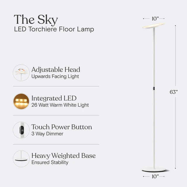 Alt view image 4 of 7 - Sky LED Floor lamp, Torchiere Super Bright Floor Lamp for Living Room Decor & Office - Dimmable, Tall Standing Lamp with Warm Light for Bedroom & Reading - White