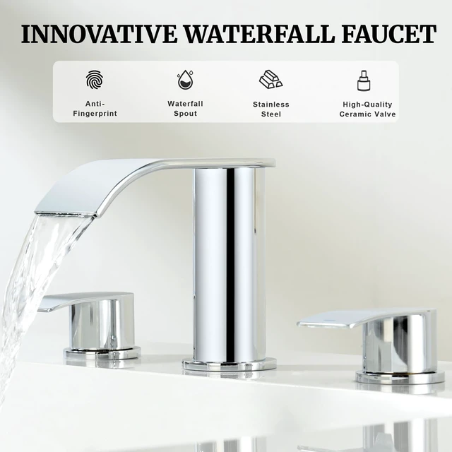 Alt view image 6 of 7 - 8 inch Bathroom Faucet Chrome, Waterfall Bathroom Faucet with Metal Pop-up Sink Drain Stopper and 2 Supply Hoses,2 Handle Widespread Faucets for Vanity Sink 3 Holes