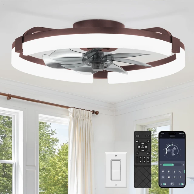 Main image of 20" Ceiling Fans with Lights, Low Profile Fandelier for Bedroom Flush Mount Fan Light, Stepless Dimmable, App/Remote Control, 3 CCT Led, 6 Speeds, Quiet Reversible DC Motor, Brown