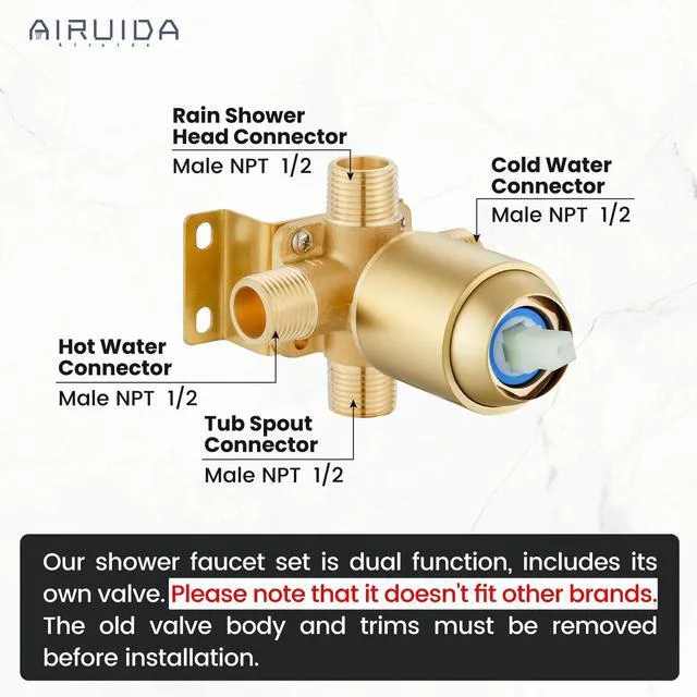Alt view image 2 of 7 - Shower Faucet Set with Tub Spout,6" Bathtub Faucet-Brushed Gold Male Threads Rough-In Valve,Round Head Shower System,Tub and Shower Kit Set
