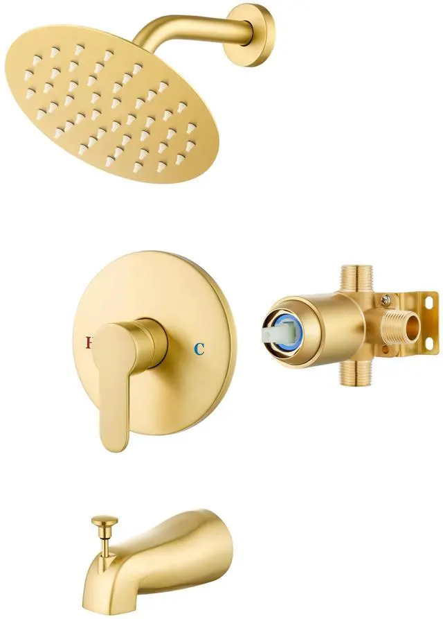Main image of Shower Faucet Set with Tub Spout,6" Bathtub Faucet-Brushed Gold Male Threads Rough-In Valve,Round Head Shower System,Tub and Shower Kit Set