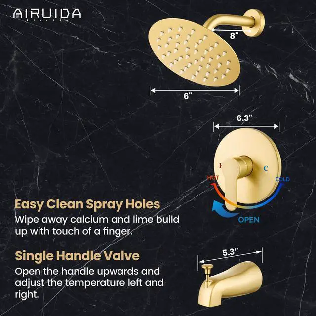 Alt view image 4 of 7 - Shower Faucet Set with Tub Spout,6" Bathtub Faucet-Brushed Gold Male Threads Rough-In Valve,Round Head Shower System,Tub and Shower Kit Set