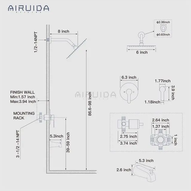 Alt view image 6 of 7 - Shower Faucet Set with Tub Spout,6" Bathtub Faucet-Brushed Gold Male Threads Rough-In Valve,Round Head Shower System,Tub and Shower Kit Set