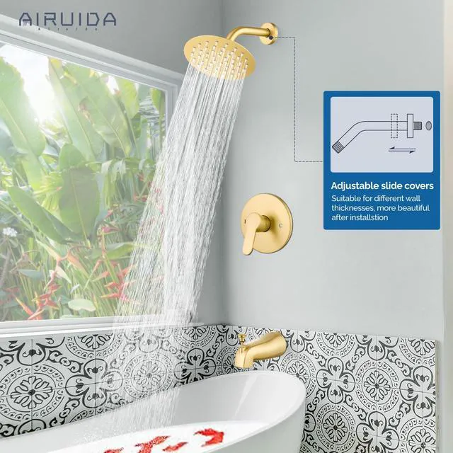 Alt view image 3 of 7 - Shower Faucet Set with Tub Spout,6" Bathtub Faucet-Brushed Gold Male Threads Rough-In Valve,Round Head Shower System,Tub and Shower Kit Set