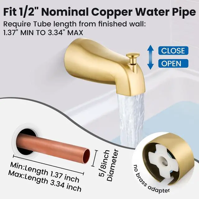 Alt view image 7 of 7 - Shower Faucet Set with Tub Spout,6" Bathtub Faucet-Brushed Gold Male Threads Rough-In Valve,Round Head Shower System,Tub and Shower Kit Set