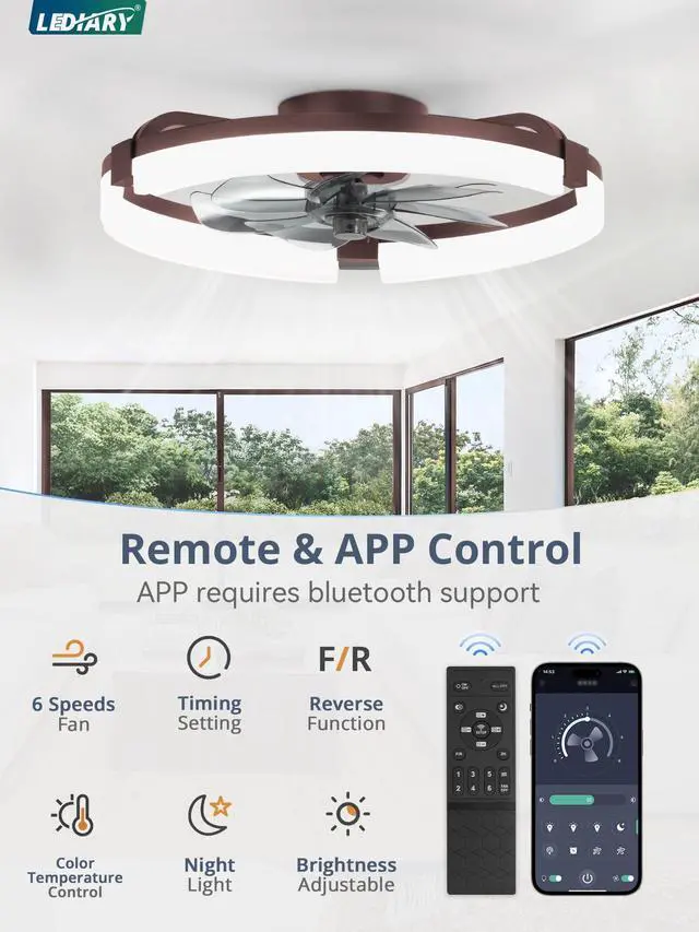 Alt view image 2 of 7 - 20" Ceiling Fans with Lights, Low Profile Fandelier for Bedroom Flush Mount Fan Light, Stepless Dimmable, App/Remote Control, 3 CCT Led, 6 Speeds, Quiet Reversible DC Motor, Brown