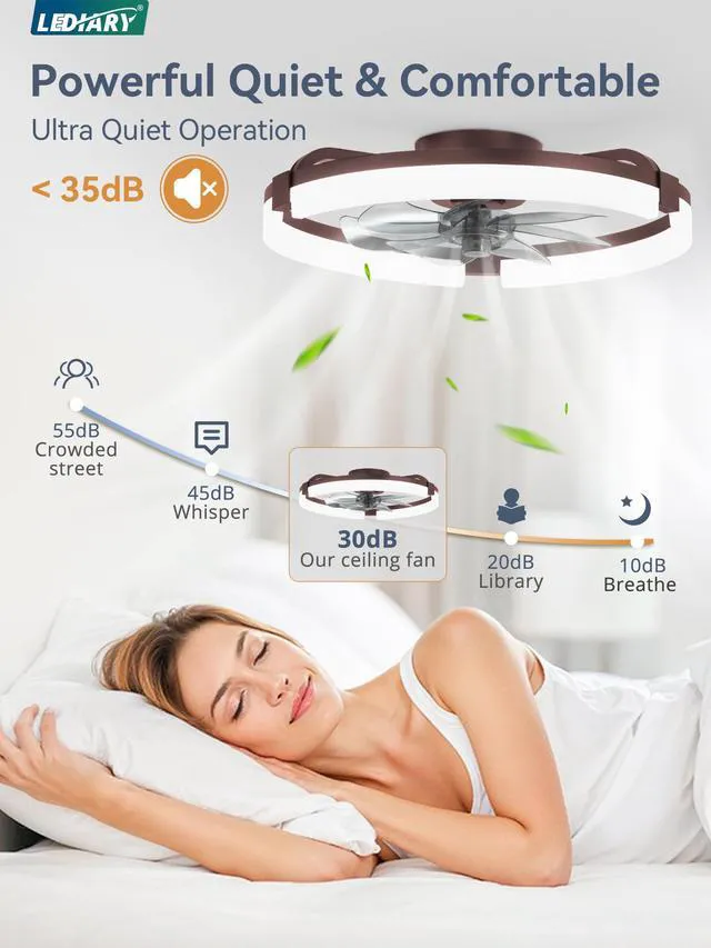 Alt view image 3 of 7 - 20" Ceiling Fans with Lights, Low Profile Fandelier for Bedroom Flush Mount Fan Light, Stepless Dimmable, App/Remote Control, 3 CCT Led, 6 Speeds, Quiet Reversible DC Motor, Brown