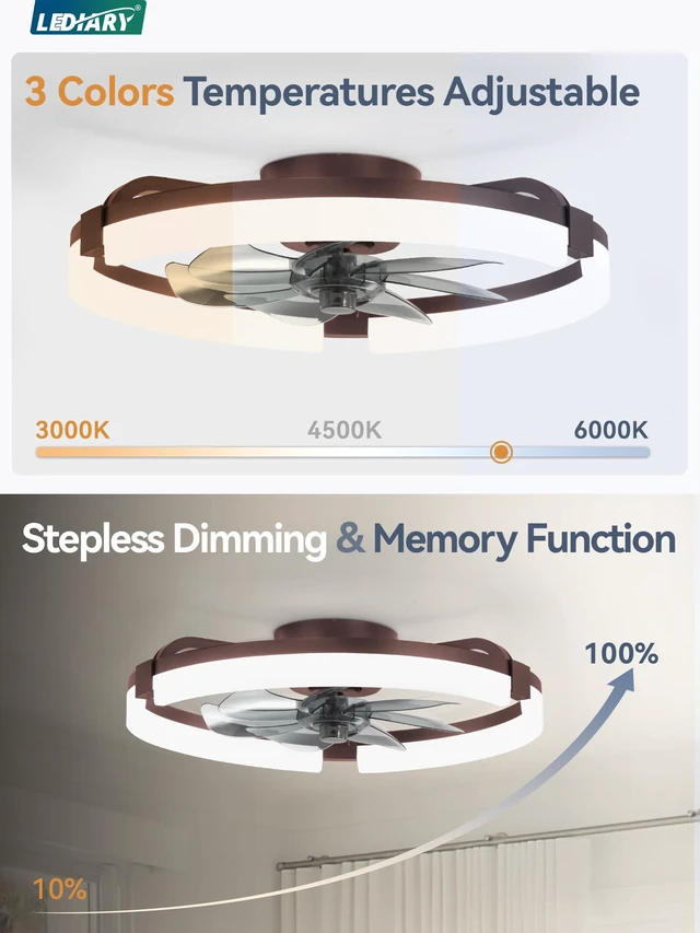 Alt view image 4 of 7 - 20" Ceiling Fans with Lights, Low Profile Fandelier for Bedroom Flush Mount Fan Light, Stepless Dimmable, App/Remote Control, 3 CCT Led, 6 Speeds, Quiet Reversible DC Motor, Brown