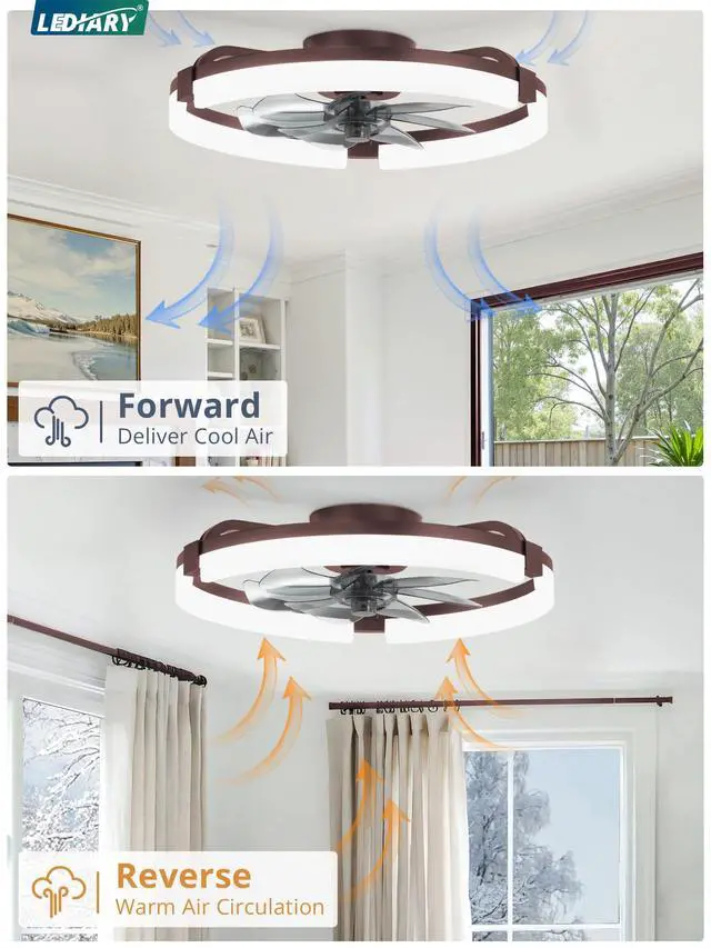 Alt view image 5 of 7 - 20" Ceiling Fans with Lights, Low Profile Fandelier for Bedroom Flush Mount Fan Light, Stepless Dimmable, App/Remote Control, 3 CCT Led, 6 Speeds, Quiet Reversible DC Motor, Brown