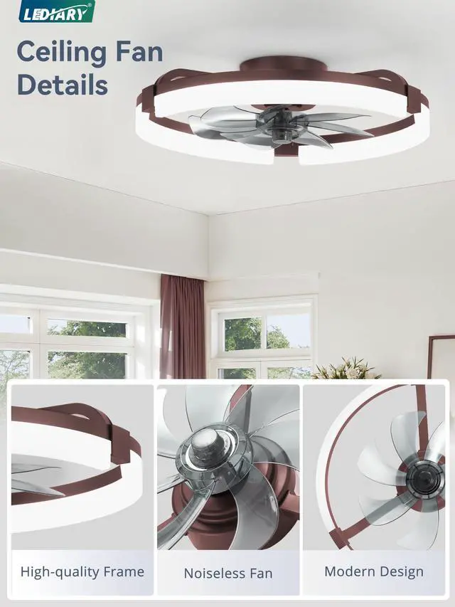 Alt view image 6 of 7 - 20" Ceiling Fans with Lights, Low Profile Fandelier for Bedroom Flush Mount Fan Light, Stepless Dimmable, App/Remote Control, 3 CCT Led, 6 Speeds, Quiet Reversible DC Motor, Brown