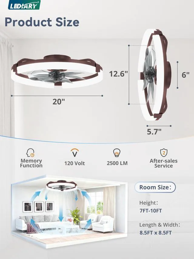 Alt view image 7 of 7 - 20" Ceiling Fans with Lights, Low Profile Fandelier for Bedroom Flush Mount Fan Light, Stepless Dimmable, App/Remote Control, 3 CCT Led, 6 Speeds, Quiet Reversible DC Motor, Brown