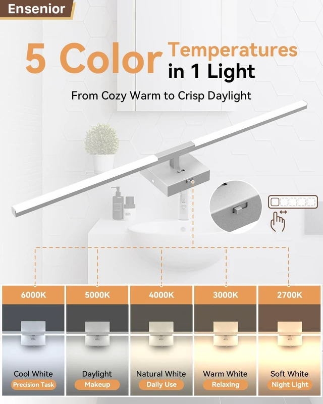 Alt view image 4 of 7 - 32" Matte Grey Modern Bathroom Vanity Lights, Built-in Dimmer, 5CCT 360° Rotatable Light Bar, Dimmable, Hardwired Installation, CRI 85+, Moisture-Proof, Anti-Rust, 120V 18W 1450LM, ETL & FCC
