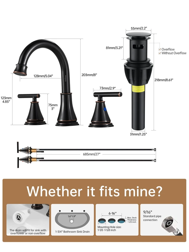 Alt view image 3 of 7 - Widespread Bathroom Faucet 3 Hole, Oil Rubbed Bronze Faucet with Pop-up Drain