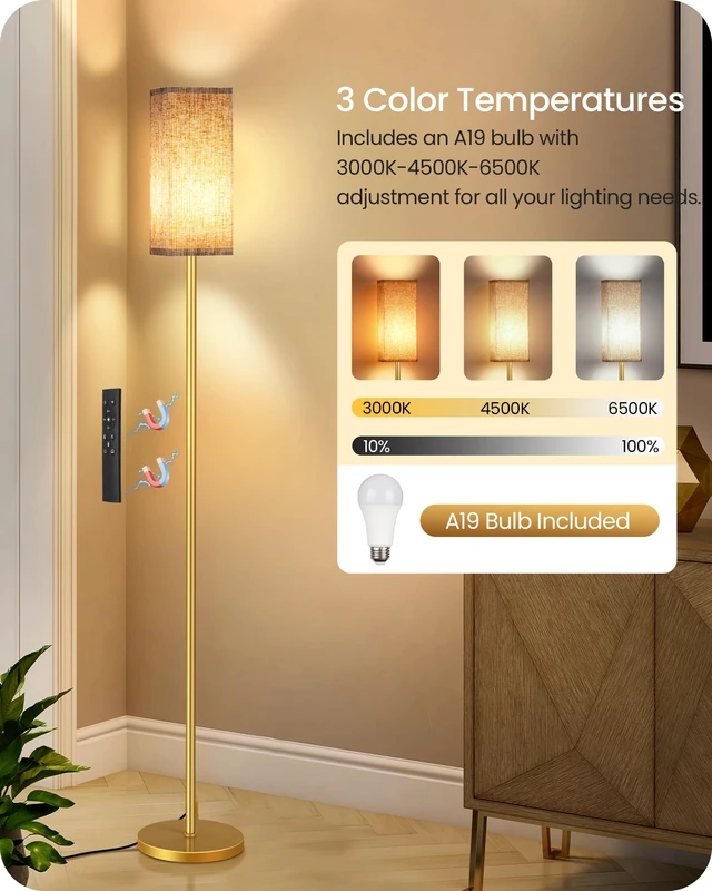 Alt view image 3 of 7 - 2Pack 64.2 Dimmable Floor Lamp for Living Room with Remote & Foot Switch, Corner Floor Lamp for Bedroom, Includes A19 Bulb, Modern Standing Tall Lamp, ETL Listed Beige and Gold DE17LDP205