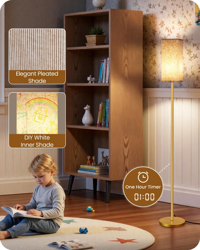 Alt view image 4 of 7 - 2Pack 64.2 Dimmable Floor Lamp for Living Room with Remote & Foot Switch, Corner Floor Lamp for Bedroom, Includes A19 Bulb, Modern Standing Tall Lamp, ETL Listed Beige and Gold DE17LDP205