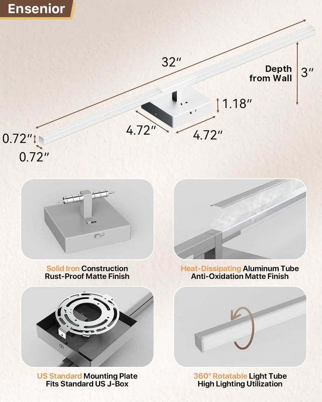 Alt view image 6 of 7 - 32" Matte Grey Modern Bathroom Vanity Lights, Built-in Dimmer, 5CCT 360° Rotatable Light Bar, Dimmable, Hardwired Installation, CRI 85+, Moisture-Proof, Anti-Rust, 120V 18W 1450LM, ETL & FCC