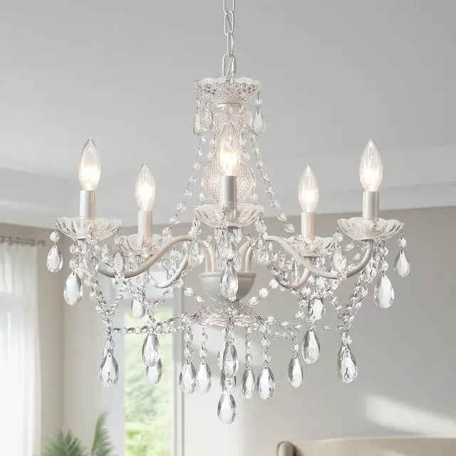 Main image of Crystal White Chandelier, Ceramic White Hanging Pendant Light,Crystals Pendant and Glass Dish,5 Light Crystal Chandeliers for Ceiling Medallions,Wedding,Dining,Kitchen, Foyer,Mini