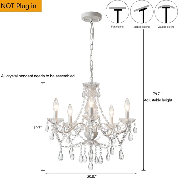Alt view image 2 of 7 - Crystal White Chandelier, Ceramic White Hanging Pendant Light,Crystals Pendant and Glass Dish,5 Light Crystal Chandeliers for Ceiling Medallions,Wedding,Dining,Kitchen, Foyer,Mini