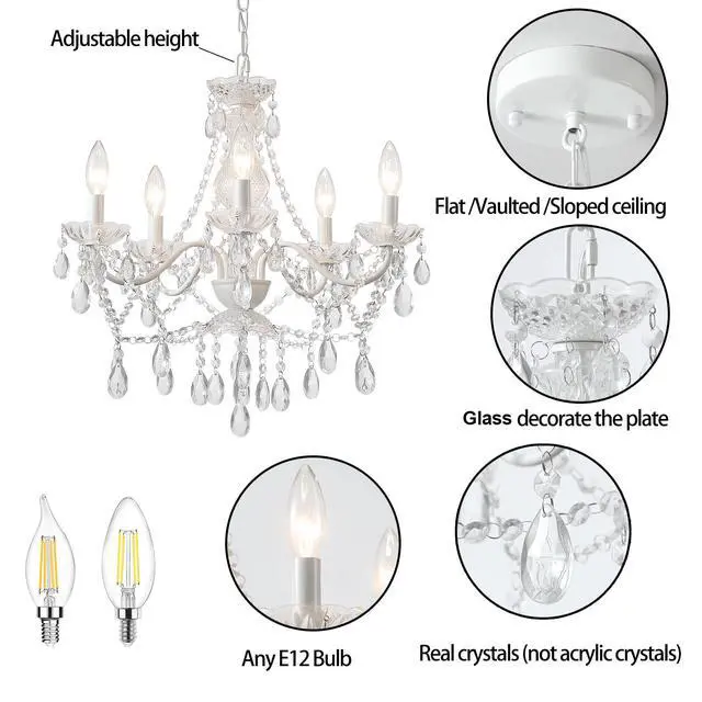Alt view image 3 of 7 - Crystal White Chandelier, Ceramic White Hanging Pendant Light,Crystals Pendant and Glass Dish,5 Light Crystal Chandeliers for Ceiling Medallions,Wedding,Dining,Kitchen, Foyer,Mini