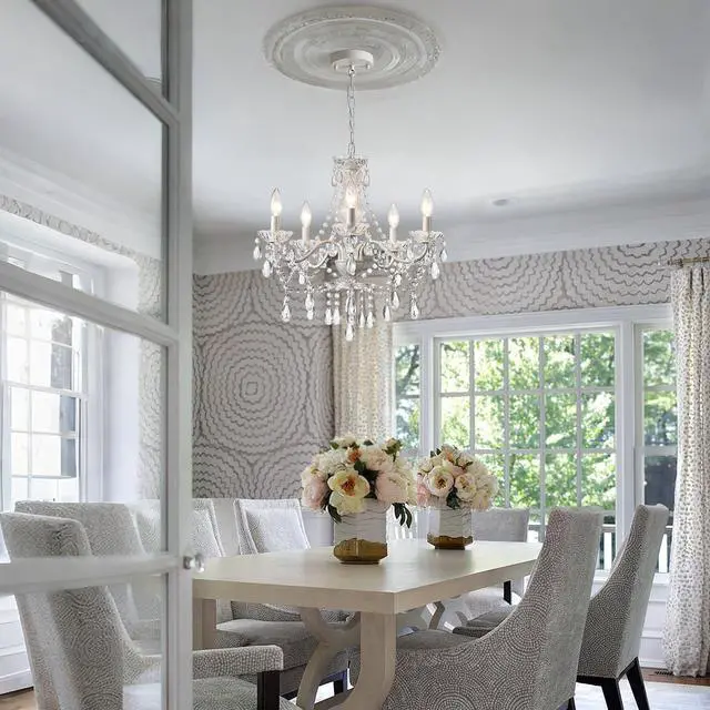 Alt view image 5 of 7 - Crystal White Chandelier, Ceramic White Hanging Pendant Light,Crystals Pendant and Glass Dish,5 Light Crystal Chandeliers for Ceiling Medallions,Wedding,Dining,Kitchen, Foyer,Mini