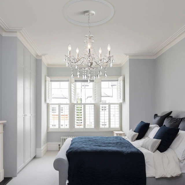Alt view image 6 of 7 - Crystal White Chandelier, Ceramic White Hanging Pendant Light,Crystals Pendant and Glass Dish,5 Light Crystal Chandeliers for Ceiling Medallions,Wedding,Dining,Kitchen, Foyer,Mini