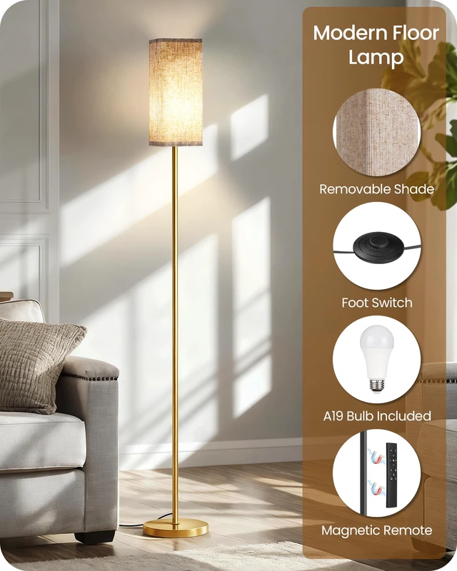 Alt view image 5 of 7 - 2Pack 64.2 Dimmable Floor Lamp for Living Room with Remote & Foot Switch, Corner Floor Lamp for Bedroom, Includes A19 Bulb, Modern Standing Tall Lamp, ETL Listed Beige and Gold DE17LDP205