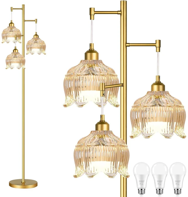Main image of Vintage Floor Lamps for Living Room Bedroom-3 Light Gold Floor Lamp with Glass Lampshape, Flower Tall Lamp Glass Mid Century Standing Lamp Tree Floor Lamp for Living Room Corner