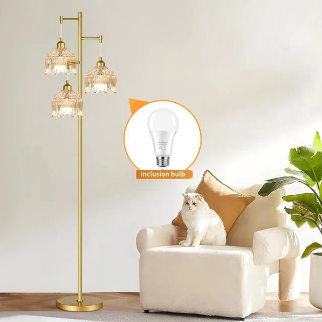 Alt view image 3 of 7 - Vintage Floor Lamps for Living Room Bedroom-3 Light Gold Floor Lamp with Glass Lampshape, Flower Tall Lamp Glass Mid Century Standing Lamp Tree Floor Lamp for Living Room Corner