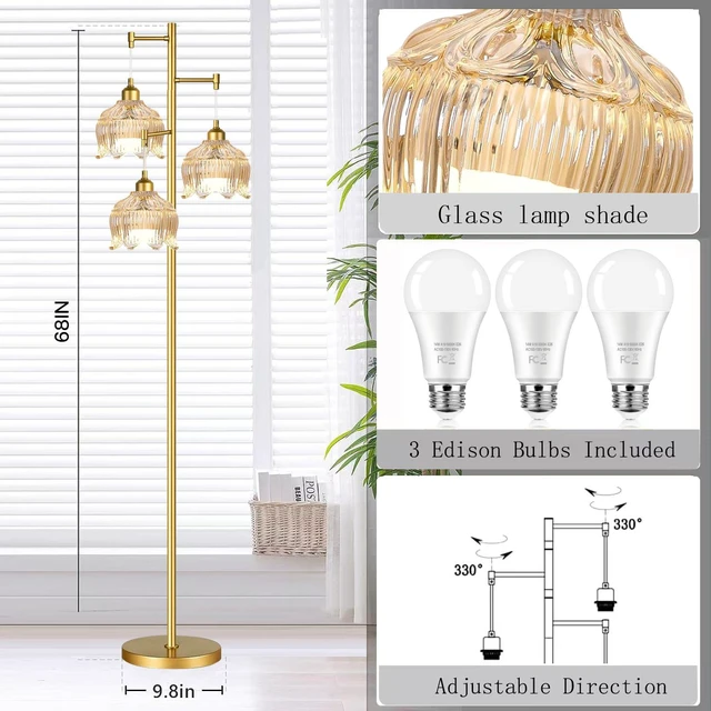 Alt view image 5 of 7 - Vintage Floor Lamps for Living Room Bedroom-3 Light Gold Floor Lamp with Glass Lampshape, Flower Tall Lamp Glass Mid Century Standing Lamp Tree Floor Lamp for Living Room Corner