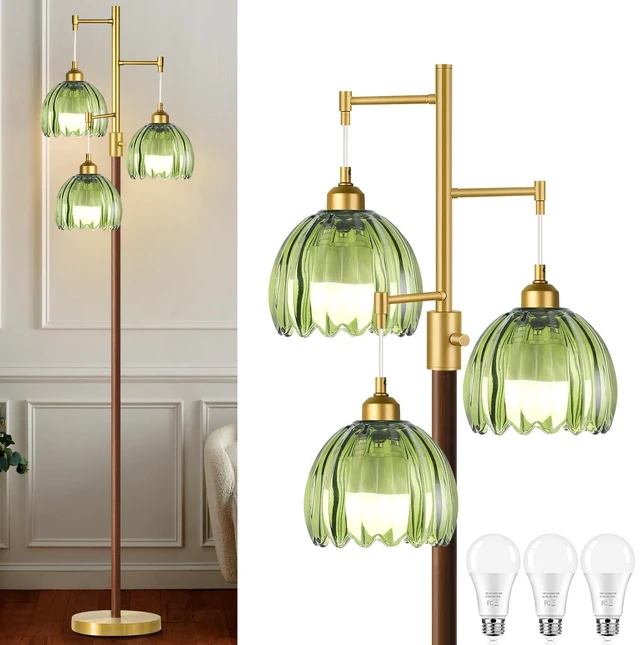 Main image of Wood Floor Lamps for Living Room Bedroom-3 Light Gold Floor Lamp with Glass Lampshape, Flower Tall Lamp Glass Mid Century Standing Lamp Vintage Tree Floor Lamp for Bedroom Corner