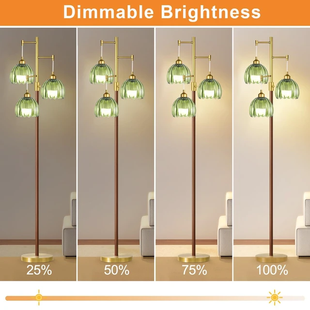 Alt view image 2 of 7 - Wood Floor Lamps for Living Room Bedroom-3 Light Gold Floor Lamp with Glass Lampshape, Flower Tall Lamp Glass Mid Century Standing Lamp Vintage Tree Floor Lamp for Bedroom Corner