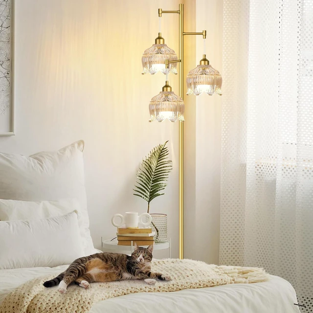 Alt view image 6 of 7 - Vintage Floor Lamps for Living Room Bedroom-3 Light Gold Floor Lamp with Glass Lampshape, Flower Tall Lamp Glass Mid Century Standing Lamp Tree Floor Lamp for Living Room Corner