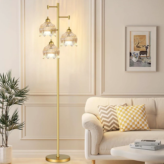 Alt view image 7 of 7 - Vintage Floor Lamps for Living Room Bedroom-3 Light Gold Floor Lamp with Glass Lampshape, Flower Tall Lamp Glass Mid Century Standing Lamp Tree Floor Lamp for Living Room Corner