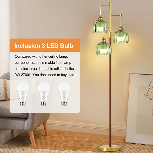 Alt view image 3 of 7 - Wood Floor Lamps for Living Room Bedroom-3 Light Gold Floor Lamp with Glass Lampshape, Flower Tall Lamp Glass Mid Century Standing Lamp Vintage Tree Floor Lamp for Bedroom Corner