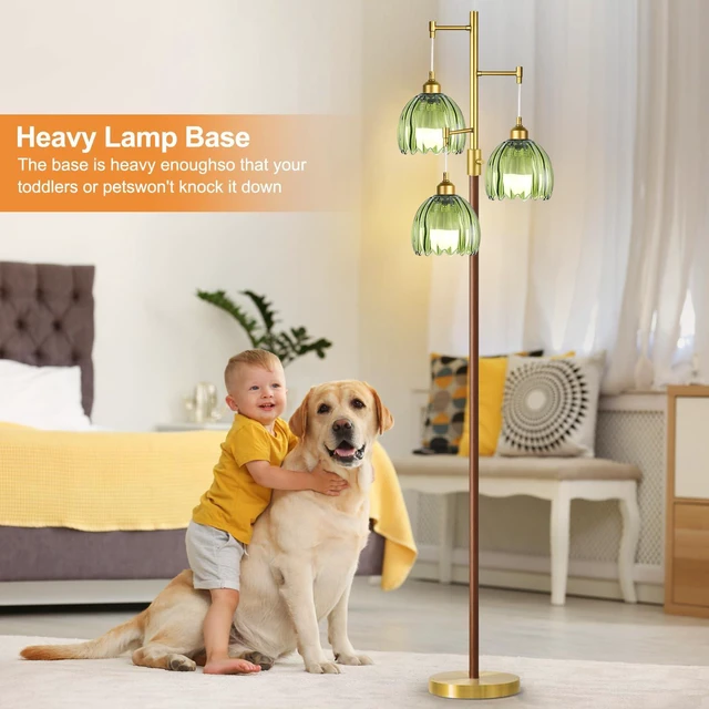 Alt view image 4 of 7 - Wood Floor Lamps for Living Room Bedroom-3 Light Gold Floor Lamp with Glass Lampshape, Flower Tall Lamp Glass Mid Century Standing Lamp Vintage Tree Floor Lamp for Bedroom Corner
