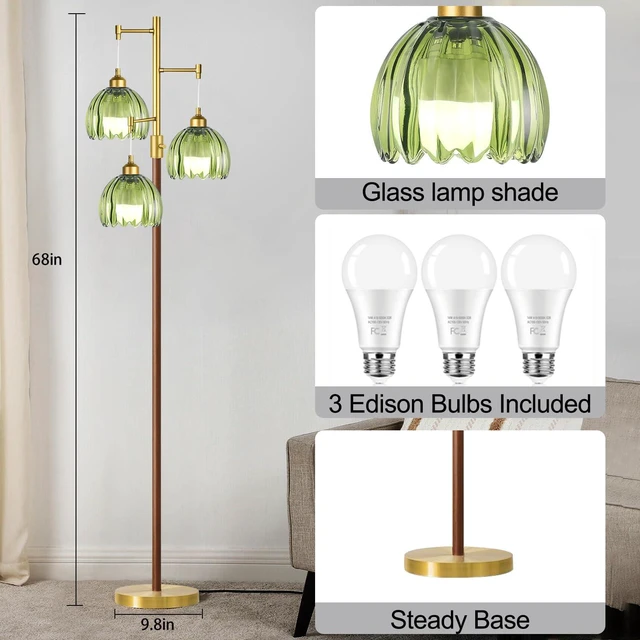 Alt view image 5 of 7 - Wood Floor Lamps for Living Room Bedroom-3 Light Gold Floor Lamp with Glass Lampshape, Flower Tall Lamp Glass Mid Century Standing Lamp Vintage Tree Floor Lamp for Bedroom Corner