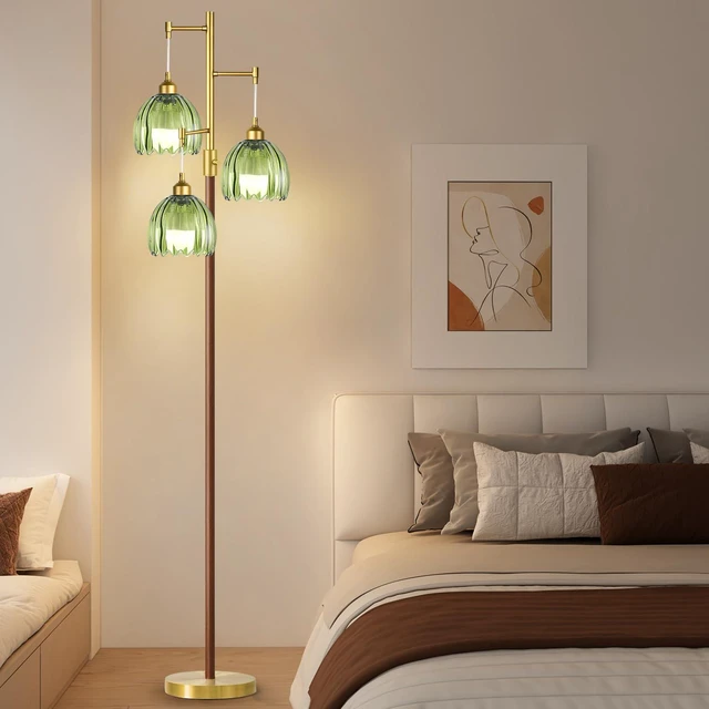 Alt view image 6 of 7 - Wood Floor Lamps for Living Room Bedroom-3 Light Gold Floor Lamp with Glass Lampshape, Flower Tall Lamp Glass Mid Century Standing Lamp Vintage Tree Floor Lamp for Bedroom Corner