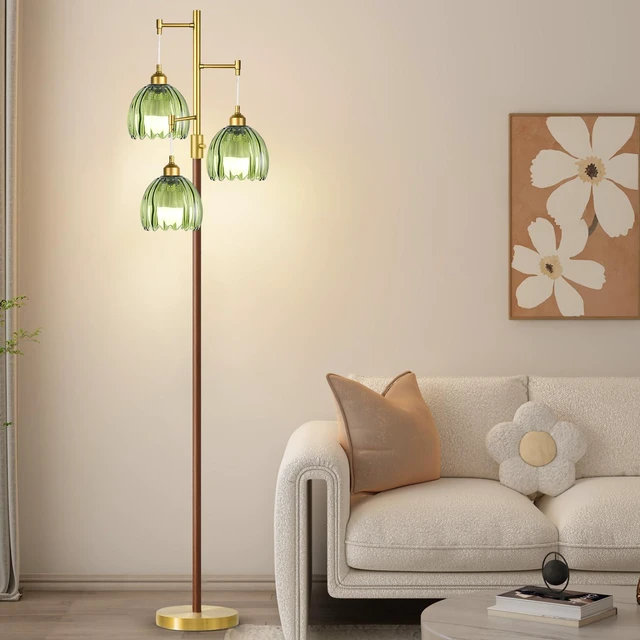 Alt view image 7 of 7 - Wood Floor Lamps for Living Room Bedroom-3 Light Gold Floor Lamp with Glass Lampshape, Flower Tall Lamp Glass Mid Century Standing Lamp Vintage Tree Floor Lamp for Bedroom Corner
