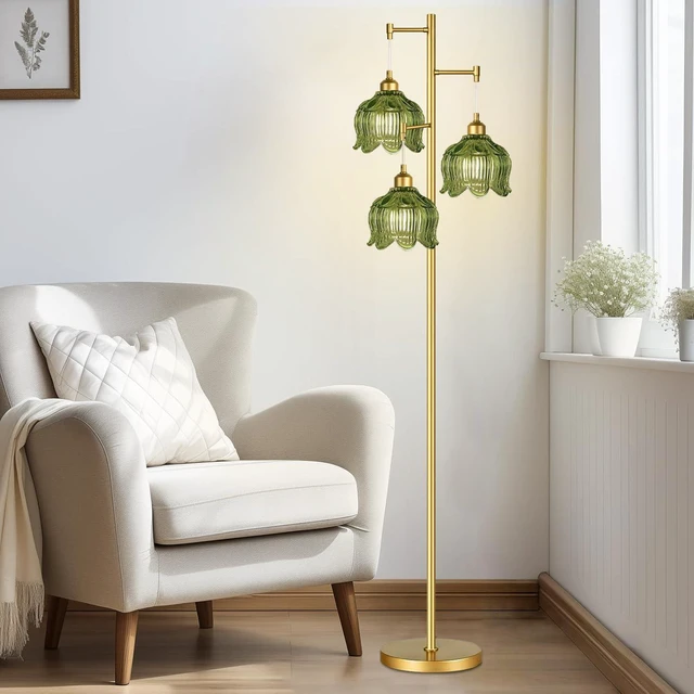 Alt view image 2 of 7 - Vintage Floor Lamps for Living Room Bedroom-3 Light Gold Floor Lamp with Glass Lampshape, Flower Green Tall Lamp Mid Century Modern Standing Lamp Tree Floor Lamp for Bedroom Living Room Corner