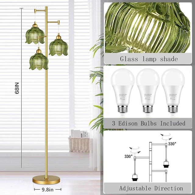 Alt view image 4 of 7 - Vintage Floor Lamps for Living Room Bedroom-3 Light Gold Floor Lamp with Glass Lampshape, Flower Green Tall Lamp Mid Century Modern Standing Lamp Tree Floor Lamp for Bedroom Living Room Corner