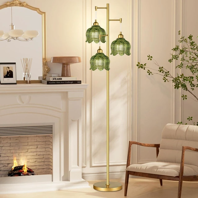Alt view image 5 of 7 - Vintage Floor Lamps for Living Room Bedroom-3 Light Gold Floor Lamp with Glass Lampshape, Flower Green Tall Lamp Mid Century Modern Standing Lamp Tree Floor Lamp for Bedroom Living Room Corner