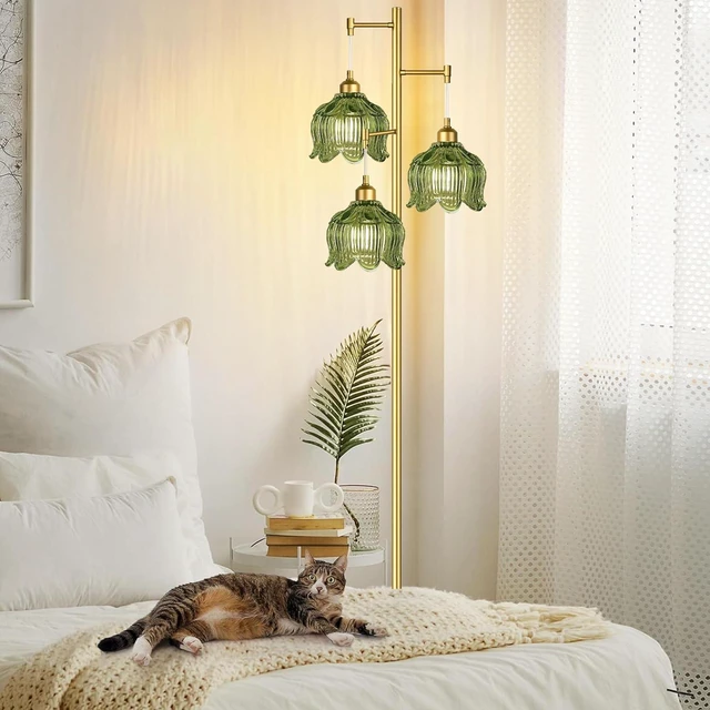 Alt view image 6 of 7 - Vintage Floor Lamps for Living Room Bedroom-3 Light Gold Floor Lamp with Glass Lampshape, Flower Green Tall Lamp Mid Century Modern Standing Lamp Tree Floor Lamp for Bedroom Living Room Corner
